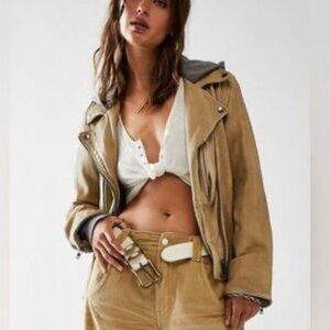 Free People We The Free Leather Moto Jacket Hooded Light Tan Size XS Orig. $698